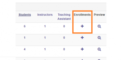 Screenshot of Watermark Manage Courses page with Enrollments button highlighted
