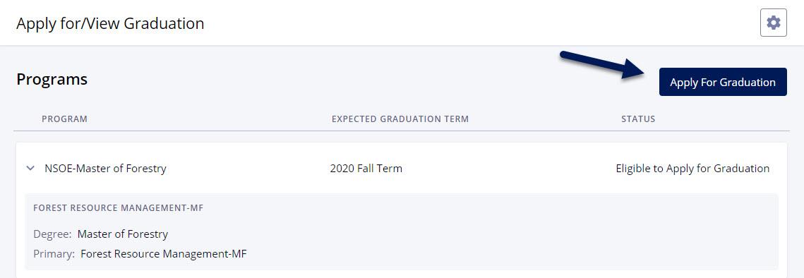 Screenshot of Apply for/View Graduation screen in DukeHub with an arrow pointing to the Apply for Graduation button.
