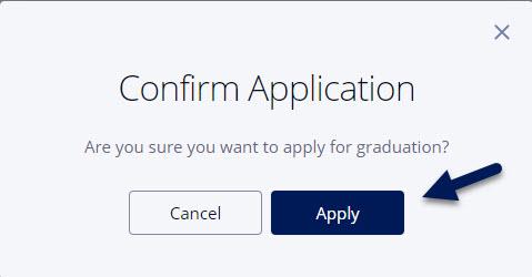 Screenshot of the Confirm Application popup in DukeHub with an arrow pointing to the Apply button.