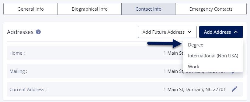 Screenshot of Contact Info page in DukeHub with an arrow pointing to the word Degree in the Add Address dropdown.