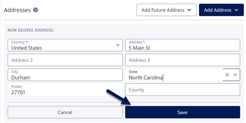 Screenshot of Contact Info Addresses page in DukeHub with an arrow pointing to the Save button.