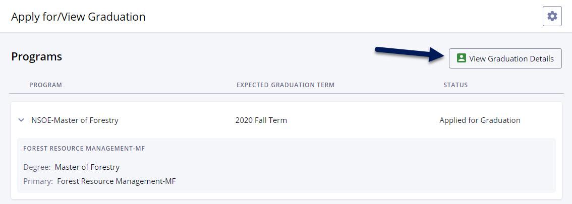 Screenshot of Apply for/View Graduation screen in DukeHub with an arrow pointing to the View Graduation Details button.