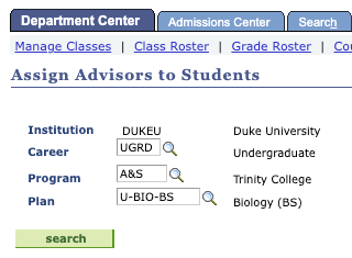 Screenshot of search fields on Advisors page with UGRD, A&S, and U-BIO-BS filled in.