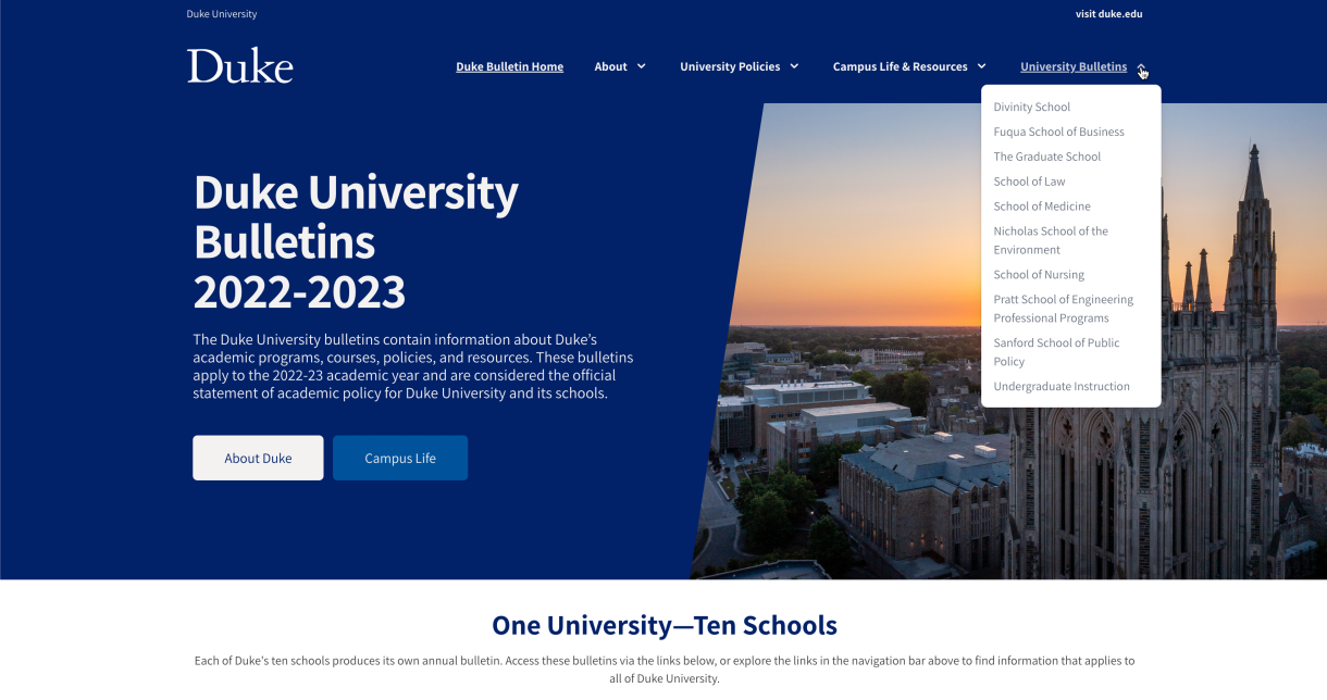 Screenshot of the Duke University Bulletins homepage. The University Bulletins dropdown list is visible.
