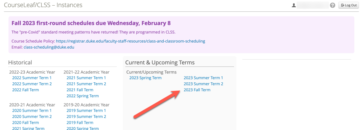 Screenshot of CLSS homepage. An arrow points to the link to the 2023 Fall Term.