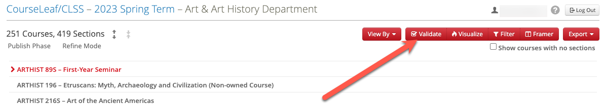 Screenshot of CLSS department homepage. An arrow points to the Validate button.