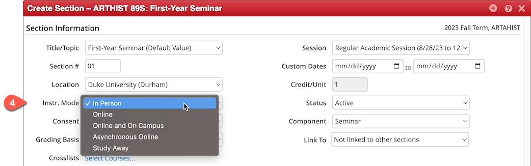 Screenshot of Create Section popup in CLSS. The number 4 points to the Instruction Mode field, and the dropdown is open to show the instruction options.