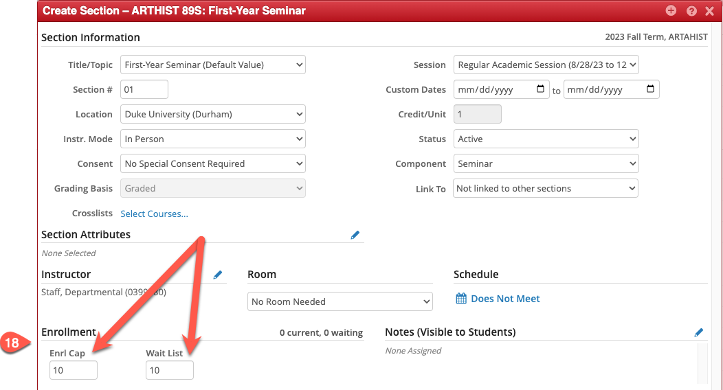 Screenshot of Create Section popup in CLSS. The number 18 points to the Enrollment Section, and arrows point to the Enrl Cap and Wait List fields.