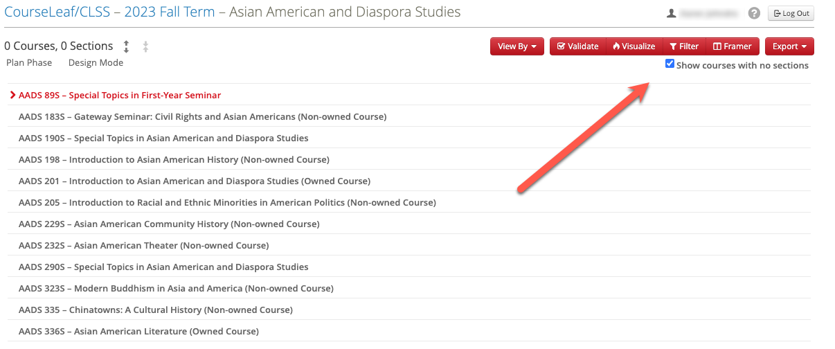 Screenshot of CLSS department homepage. An arrow points to the checkbox called Show courses with no sections. The checkbox is now checked, and all available courses are shown.