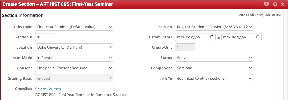 Screenshot of Create Section popup in CLSS. The crosslists field now lists ROMST 89S as a crosslist below the "Select Courses…" link.