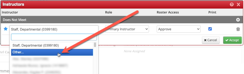 Screenshot of Instructors popup in CLSS. The search dropdown field is open and an arrow points to the "Other…" option.