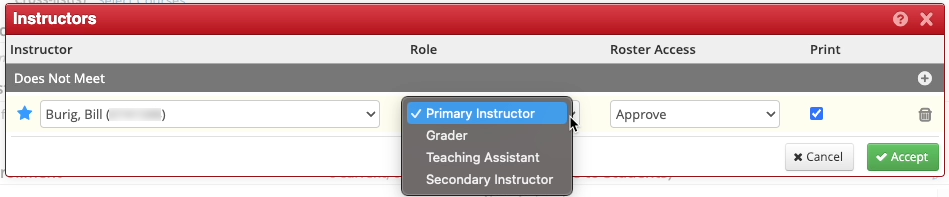 Screenshot of Instructors popup in CLSS. The Role dropdown is shown.
