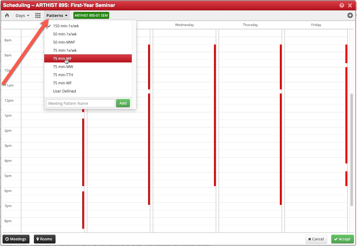 Screenshot of the Scheduling popup in CLSS. An arrow points to the Patterns dropdown, which is open to show the meeting pattern options.