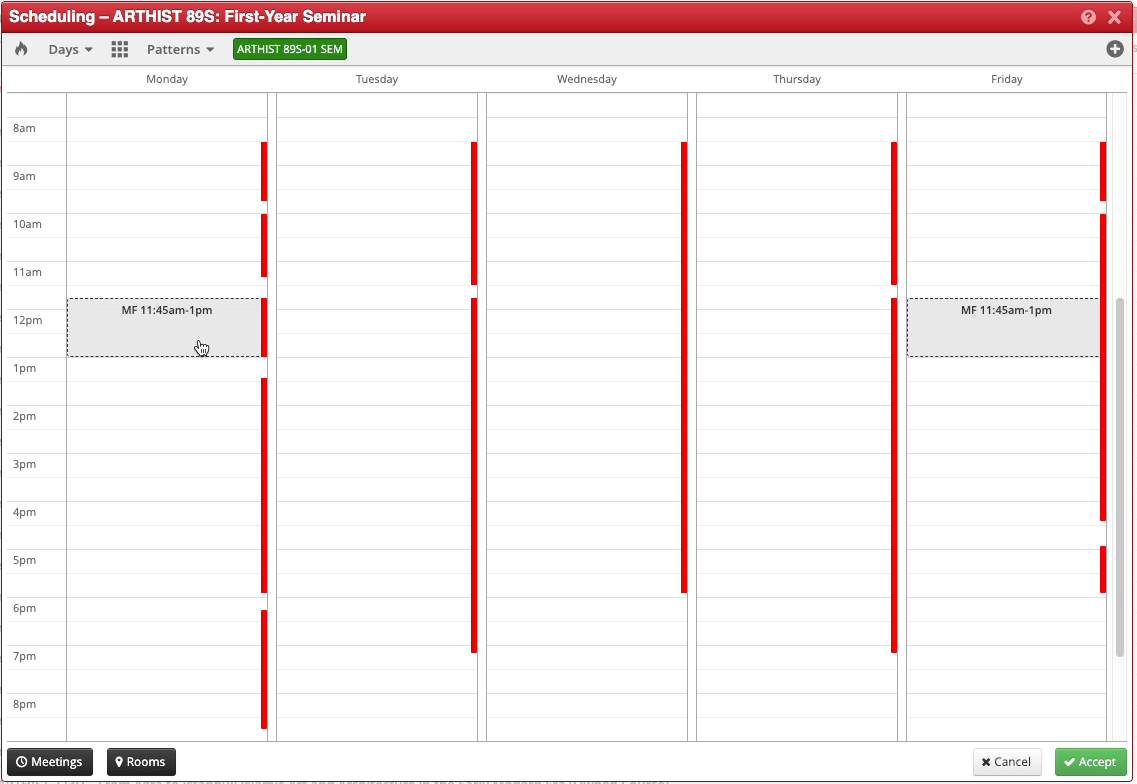 Screenshot of the Scheduling popup in CLSS. The mouse hovers over a meeting pattern, which shows up in gray.