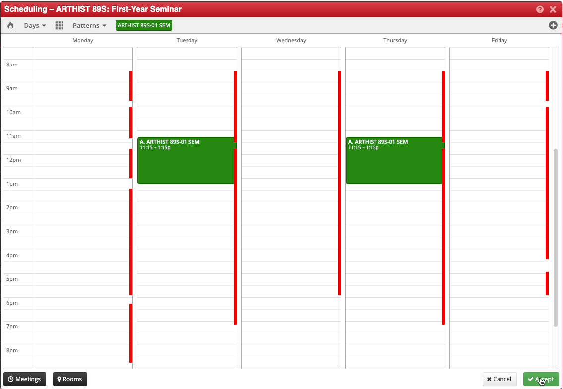 Screenshot of the Scheduling popup in CLSS. The meeting pattern TTH 11:15a-1:15p now show in green on the Snapper Tool, showing that it is successfully added. The mouse hovers over the Accept button.