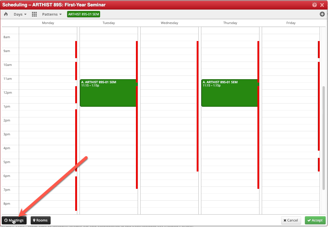 Screenshot of the Scheduling popup in CLSS. An arrow points to the Meetings button.