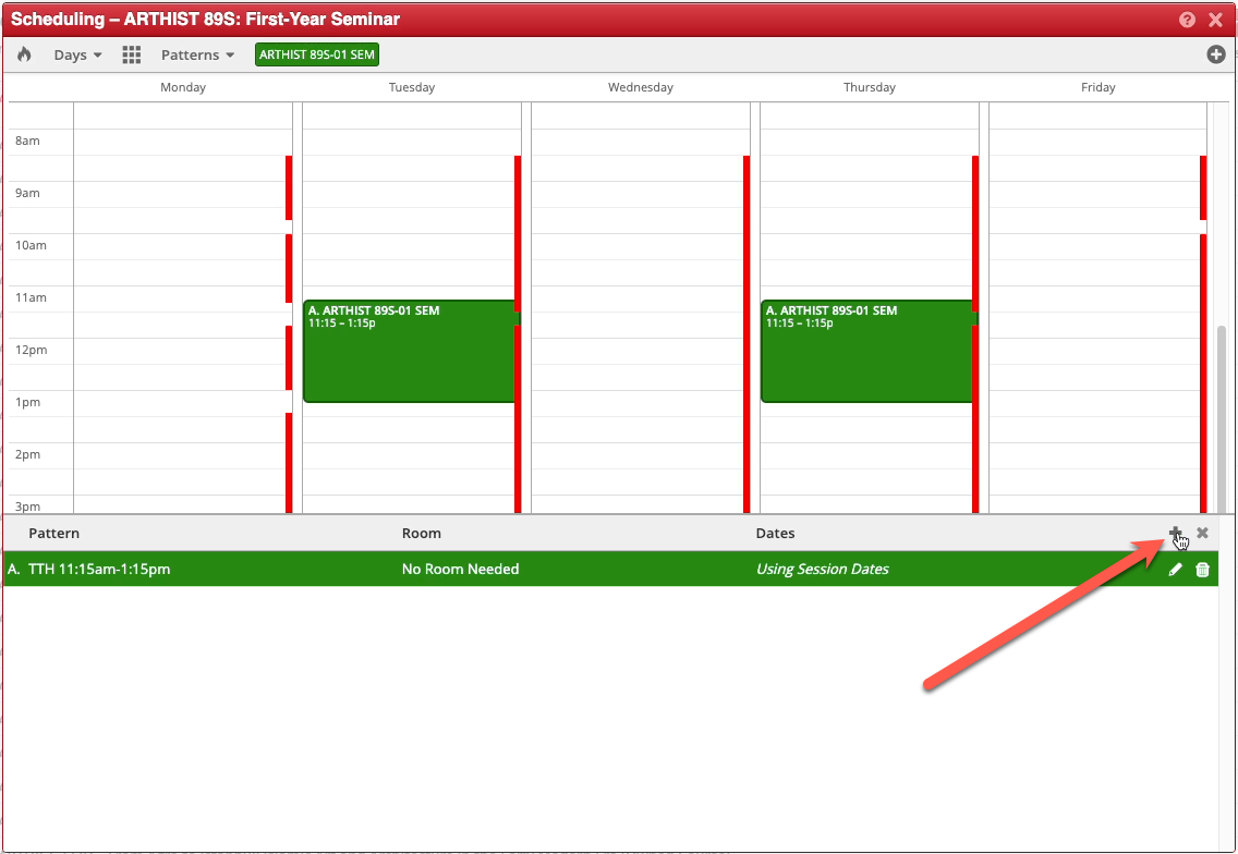 Screenshot of the Scheduling popup in CLSS. The Meetings panel is open, and an arrow points to the green plus icon.
