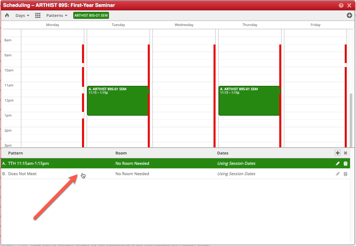 Screenshot of the Scheduling popup in CLSS. The Meetings panel is open, and an arrow points to the second meeting pattern "B."