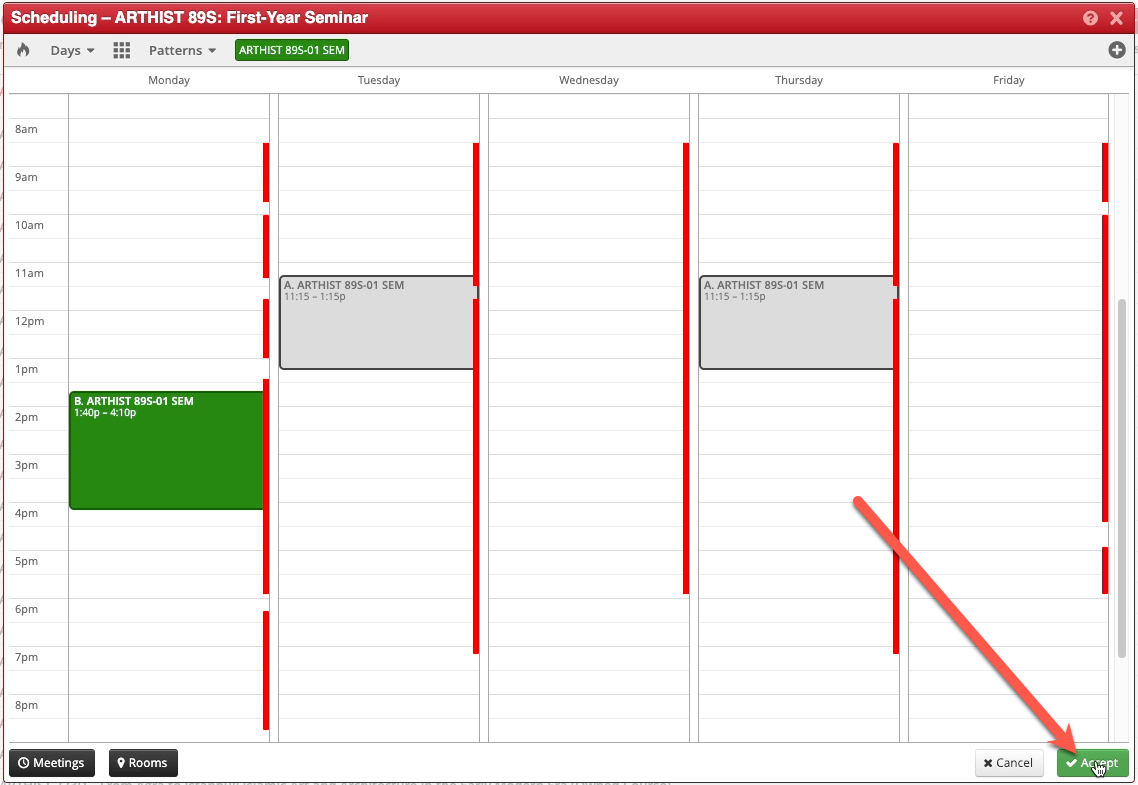 Screenshot of the Scheduling popup in CLSS. The second meeting pattern has now been selected, and an arrow points to the Accept button.