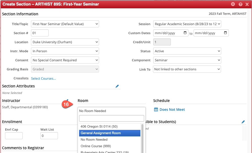 Screenshot of Create Section popup in CLSS. The number 16 points to the Room Section. The dropdown is open to show the room options, and General Assignment Room is selected.