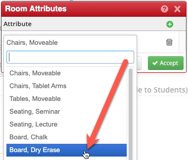 Screenshot of the Room Attributes popup in CLSS. The dropdown list is open and an arrow points to one of the available attributes.