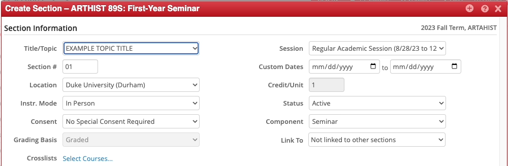 Screenshot of Create Section popup in CLSS. The entered topic title now appears in the Title/Topic field.