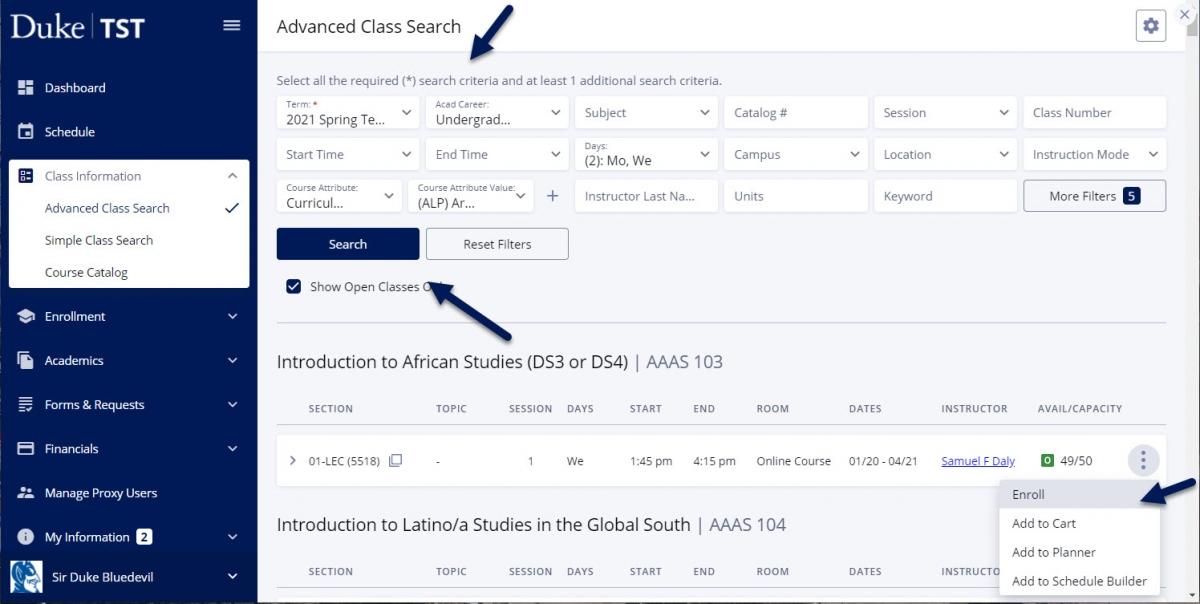 Screenshot of Advanced Class Search page in DukeHub. Arrows point to the filter section, the Search button, and the Enroll button to the right of class results.