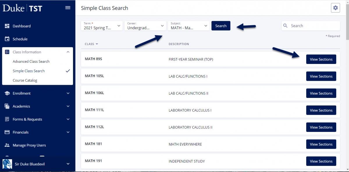 Screenshot of Simple Class Search page in DukeHub. Arrows point to the subject dropdown, the Search button, and the View Sections button to the right of the results.