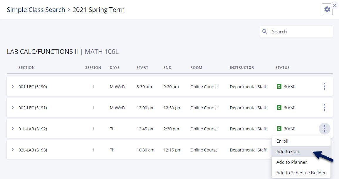 Screenshot of class sections in Simple Class Search in DukeHub. The dropdown to the right of a section is open, and an arrow points to Add to Cart.
