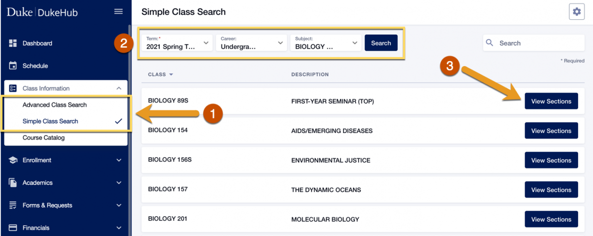 Screenshot of Simple Class Search page in DukeHub. An arrow with the number 1 points to Advanced Class Search and Simple Class Search pages in the Class Information menu. The number 2 is next to the Term, Career, and Subject dropdowns. An arrow with the number 3 points to the View Sections button next to a class result.