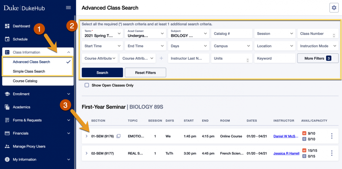 Screenshot of Advanced Class Search page in DukeHub. An arrow with the number 1 points to Advanced Class Search and Simple Class Search pages in the Class Information menu. The number 2 is next to the filters section. An arrow with the number 3 points to the View Sections button next to a class result.