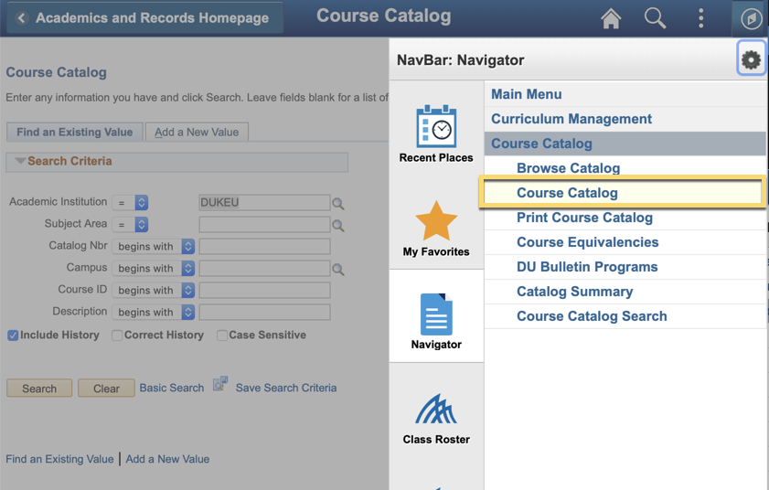 Screenshot of the Course Catalog in DukeHub. The navigation bar is open to Main Menu, Curriculum Management, then Course Catalog. The link the Course Catalog page is in a box.