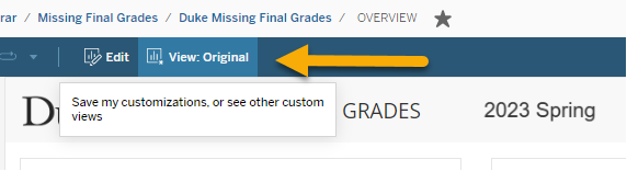 Screenshot of Missing Grades Dashboard with an arrow pointing to View: Original link.