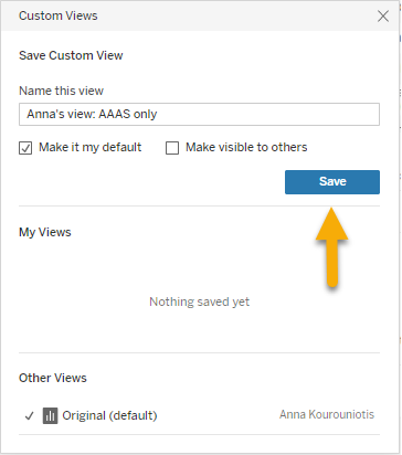 Screenshot of Custom Views page in Missing Grades Dashboard with an arrow pointing to Save.