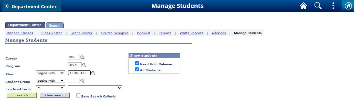 Screenshot of Department Center in DukeHub open to the tab Manage Students. 