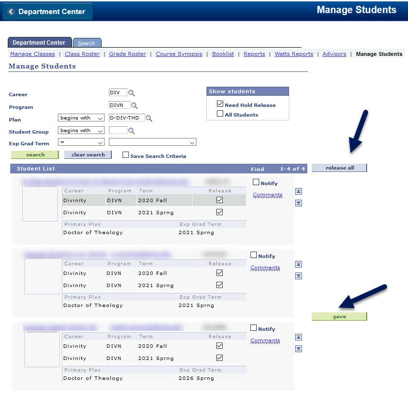 Screenshot of Department Center in DukeHub open to the tab Manage Students. An arrow points to the release all button. A second arrow points to the save button.