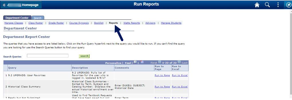 Screenshot of Department Center in DukeHub with an arrow pointing to the Reports tab.