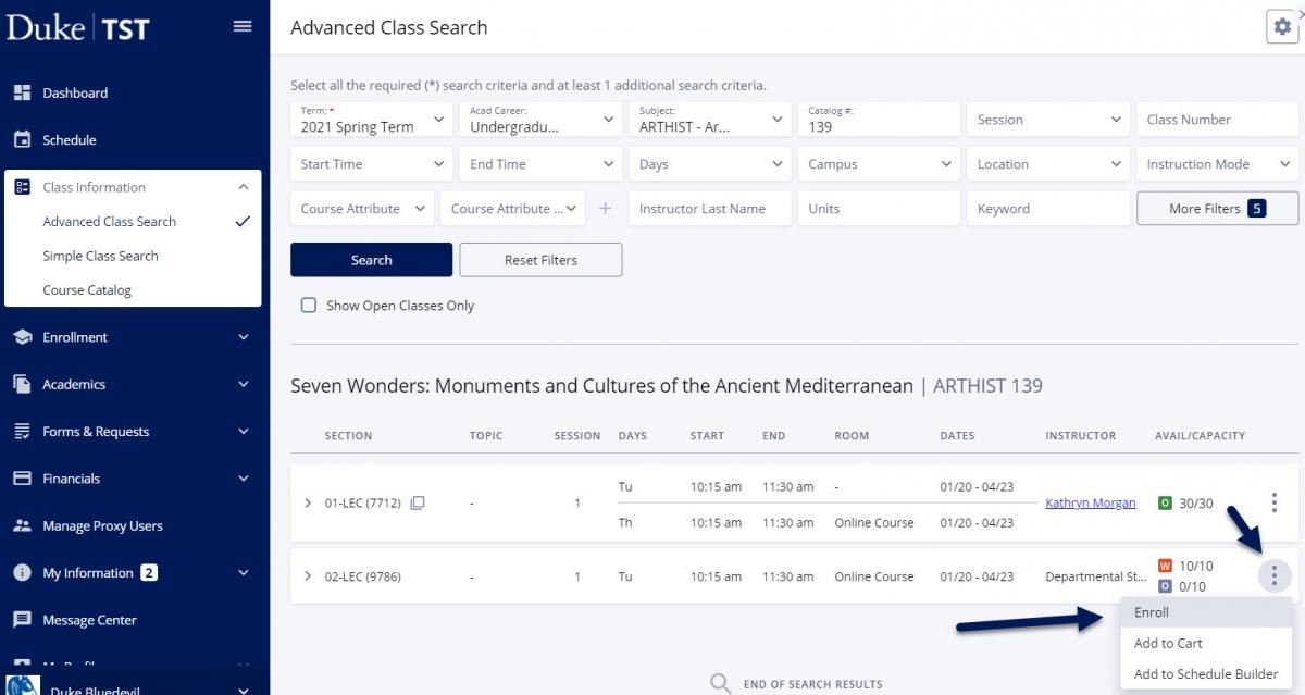 Screenshot of Advanced Class Search page in DukeHub. An arrow points to the dropdown menu to the right of a class, and another arrow points to the Enroll link inside the menu.