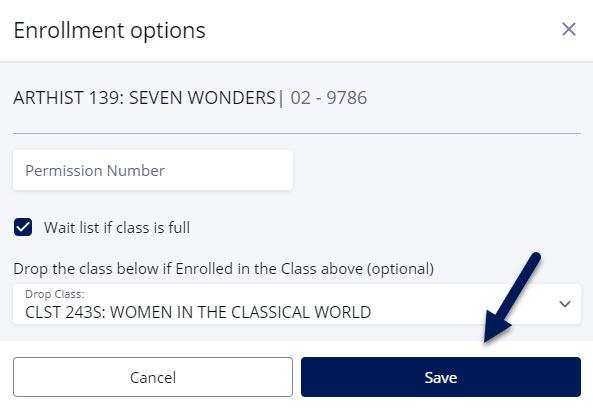 Screenshot of the Enrollment options popup in DukeHub. An arrow points to the save button.
