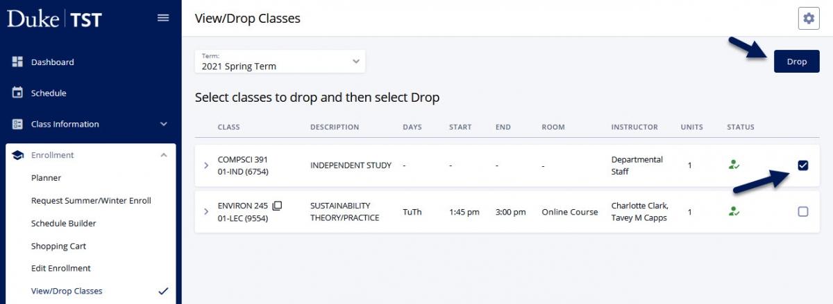 Screenshot of the View/Drop Classes page in DukeHub. An arrow points to a checked box to the right of a class, and another arrow points to the Drop button.