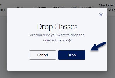 Screenshot of the Drop Classes confirmation popup in DukeHub. An arrow points to the Drop button.