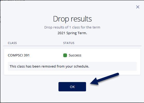 Screenshot of the Drop results popup in DukeHub. An arrow points to the OK button.
