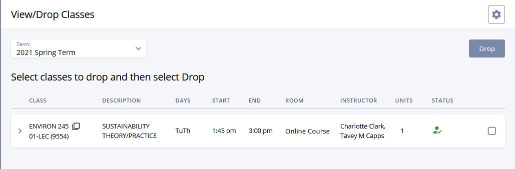 Screenshot of the View/Drop Classes page in DukeHub, now with one less class listed.