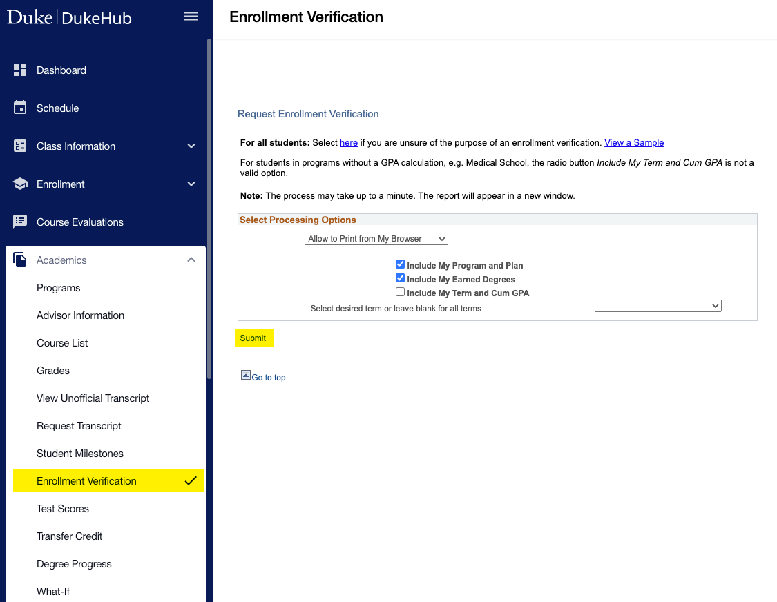 Screenshot of the Enrollment Verification screen in DukeHub. The Enrollment Verification and Submit buttons are highlighted.