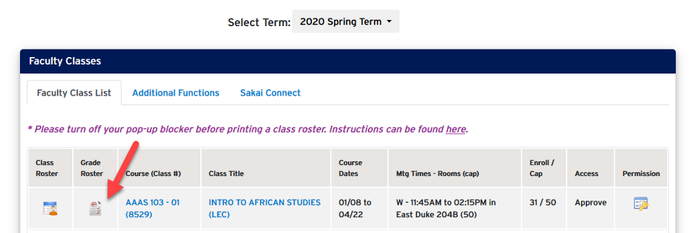 Screenshot of DukeHub Faculty Center with an arrow pointing to the icon in the Grade Roster column.