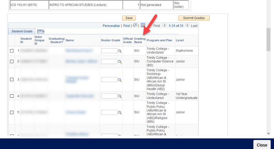 Screenshot of Grade Roster in DukeHub Classic Faculty Center with an arrow pointing to the Grading Basis column.
