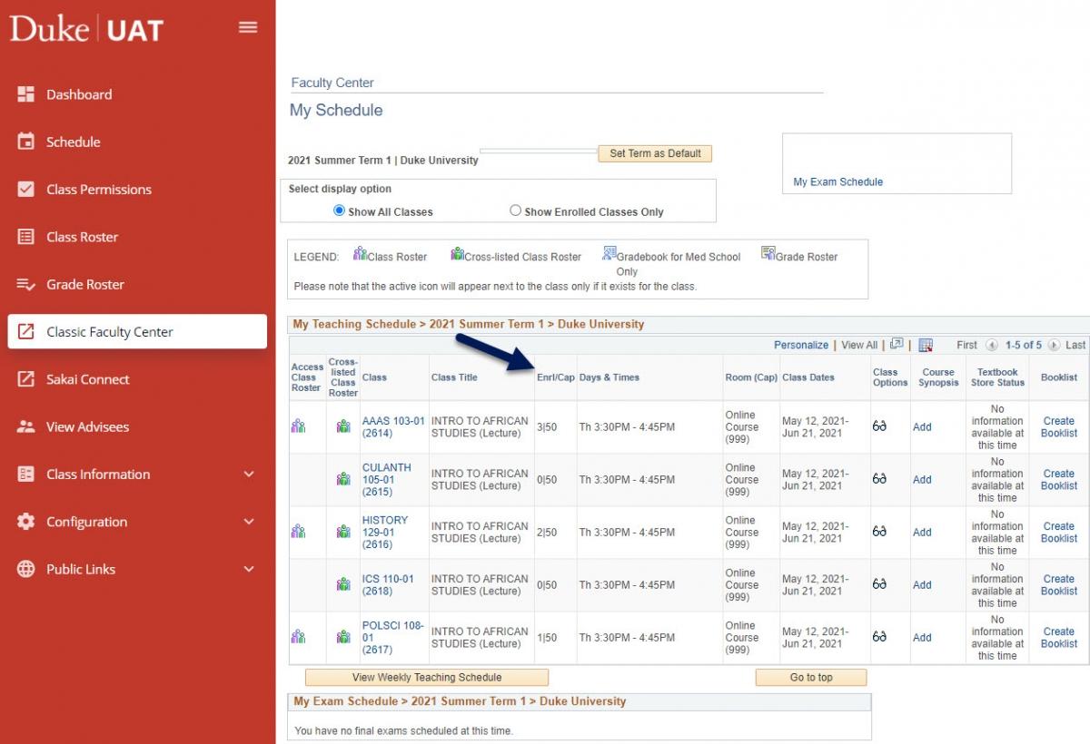 Screenshot of Classic Faculty Center in DukeHub Faculty Center with an arrow pointing to the Enrl/Cap column.
