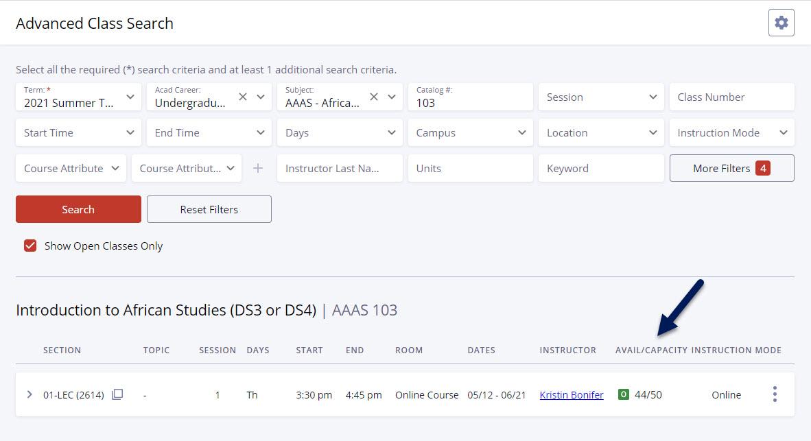 Screenshot of Advanced Class Search page in DukeHub. An arrow points to Avail/Capacity column of a class.