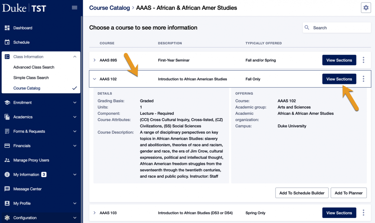 Screenshot of Course Catalog in DukeHub, after a subject has been selected. Arrows point to a course row and the button next to it that says View Sections.