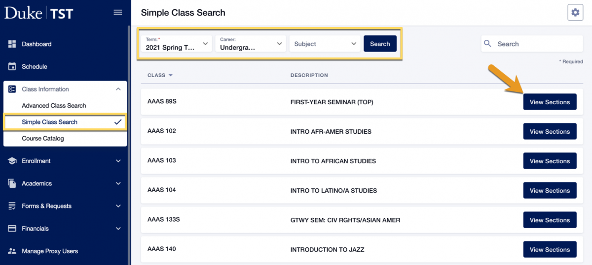 Screenshot of Simple Class Search in DukeHub. There is a box around the Simple Class Search link in the Class Information menu. There is another box around the Term, Career, and Subject dropdowns. An arrow points to View Sections next to a course.
